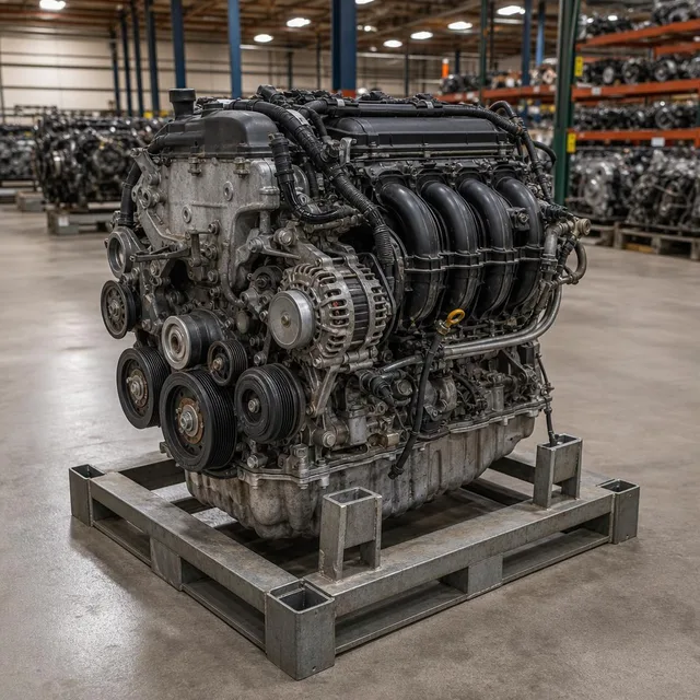 Used engine assembly in an automotive recycling warehouse
